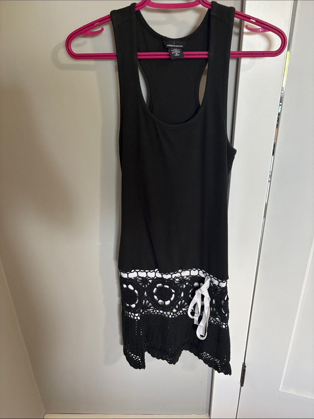 Moda International Black Racerback Tank with Crochet Hem and White Tie Accent